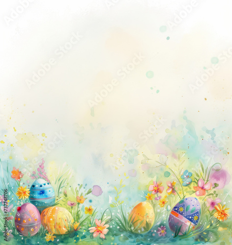 Watercolor painting of colorful Easter eggs and and flowers with copy space at top