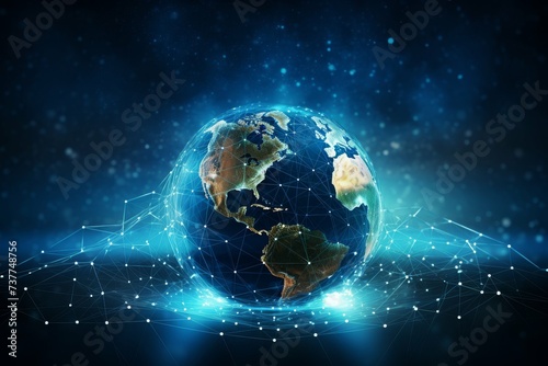 Illustration of the Earth with digital network connectivity and blue glow.