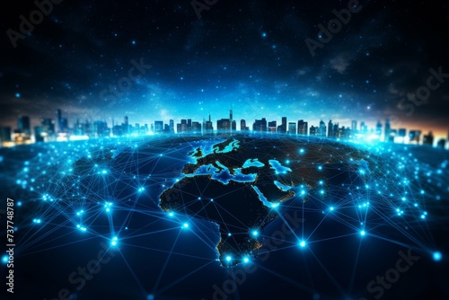City skyline against a backdrop of a digital world map network.