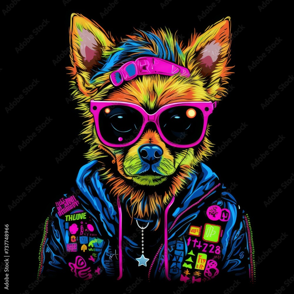 Colorful pop art illustration of a dog wearing sunglasses and fashionable attire
