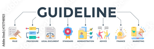 Guideline banner web icon concept with the icon of rule, procedure, legal document, standard, administration, advice, finance, and marketing. Vector illustration 