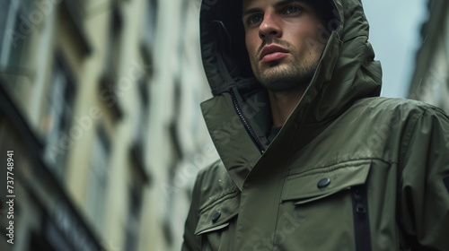 Militaryinspired parka with a detachable rain hood and waterproof finish perfect for outdoor adventures.