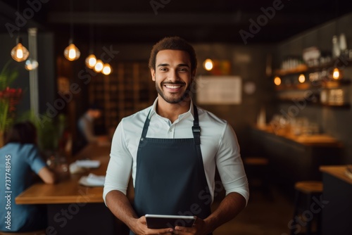 Smiling professional male waiter in apron holding a tablet in a modern restaurant setting