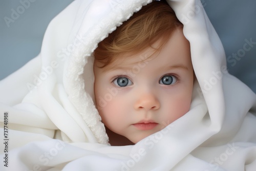 Portrait of a young child with bright blue eyes, peeking out from a cozy white blanket.