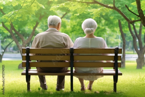 A serene moment of an elderly couple sitting together on a park bench.