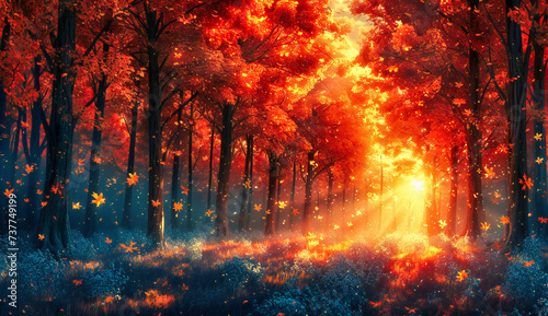 Sunlit autumnal forest, showcasing the vibrant colors and textures of fall foliage in a beautifully lit and scenic natural landscape
