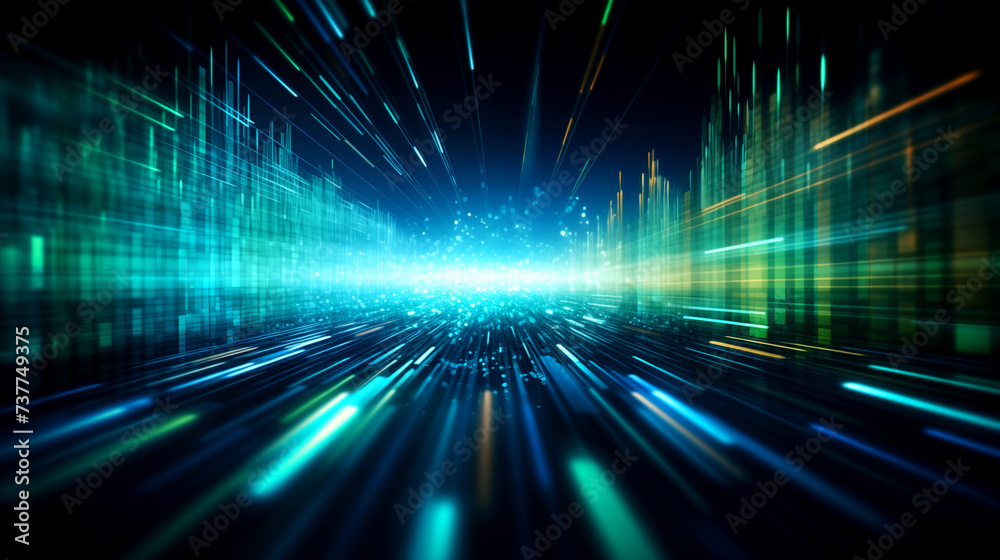 Digital data flow on the road with motion blur creates a vision of fast speed transfer. Concept of future digital transformation, disruptive innovation and agile business methodology.