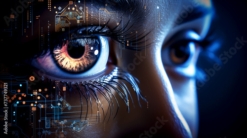 Digital eye, data network and cyber security technology background. Futuristic tech of virtual cyberspace and internet secure surveillance, binary code digital eye or safety scanner