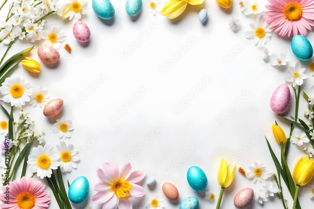 Easter frame with spring flowers and eggs on white background