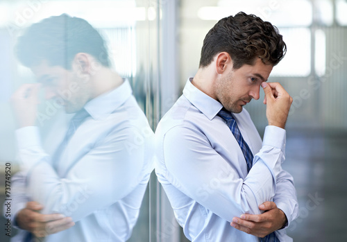 Bilde på lerret Headache, stress and business man with burnout, tired or anxiety for financial crisis in office