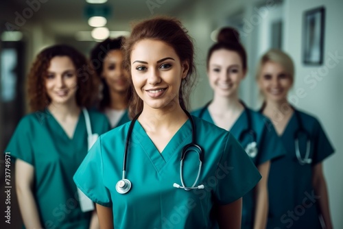 Portrait of a happy female nurse with a diverse team of medical professionals in the background.