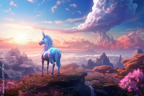 A unicorn stands on a cliff in a surreal fantasy landscape at sunset. © GreenMOM
