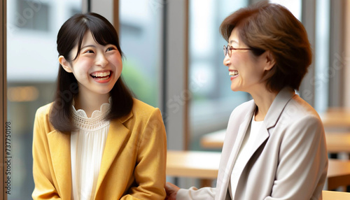20代のダウン症の女性会社員が同僚と談話している photo