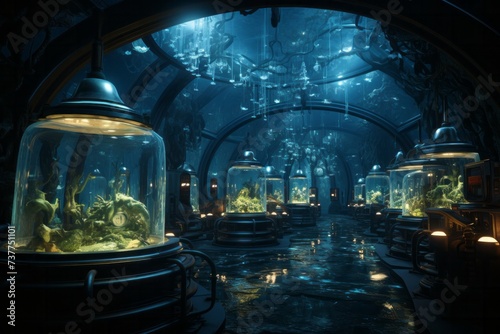 a room with a lot of jars filled with fish in it