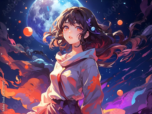 Anime girl standing in the middle of a vast galaxy. She is surrounded by swirling stars and nebulas