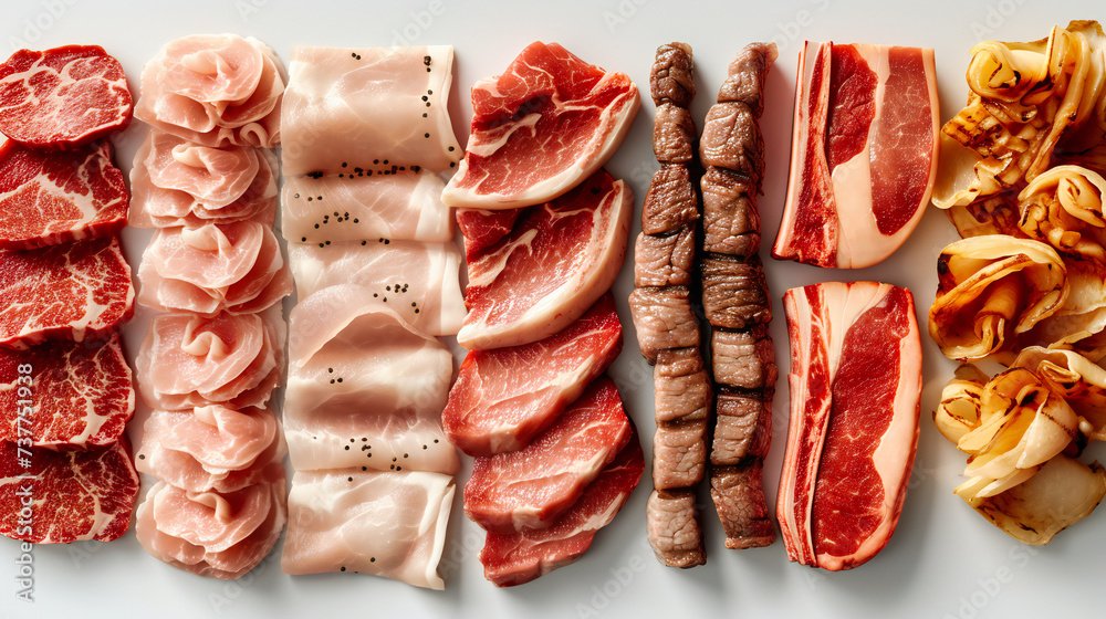 Assortment of fresh meats and ingredients on a wooden board, illustrating the variety and richness of flavors in culinary preparations Assortment of fresh meats and ingredients on a wooden board, illustrating the variety and richness of flavors in culinary preparations