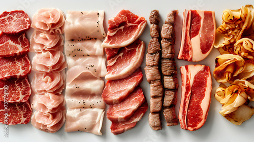 Assortment of fresh meats and ingredients on a wooden board, illustrating the variety and richness of flavors in culinary preparations