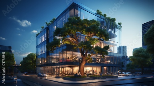 Eco-friendly building in the modern city. Sustainable glass office building with tree for reducing carbon dioxide. Office building with green environment. Corporate building reduce CO2