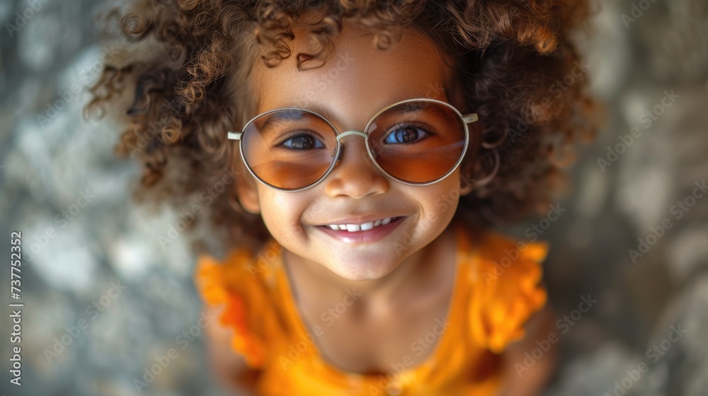 Joyful Curly-Haired Girl Wearing Orange Sunglasses.