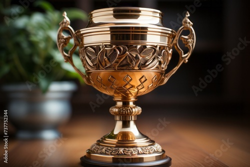 a gold trophy is sitting on a wooden table