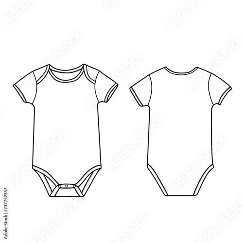 Short sleeve baby bodysuit, front and back view. Vector technical sketch. Mockup template.