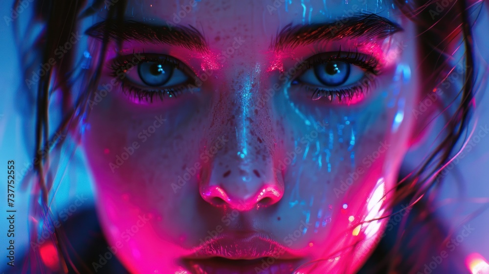 Naklejka premium A face with futuristic neon paint under cyberpunk glasses, a vision of advanced technology and urban style.