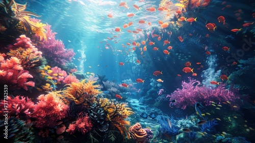 A bustling underwater scene showcasing a colorful coral reef teeming with diverse marine life, illuminated by sunbeams.