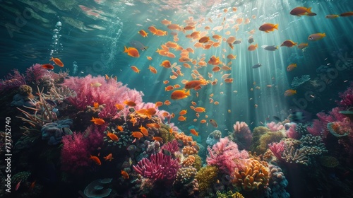 A bustling underwater scene with colorful coral reefs teeming with tropical fish, illuminated by beams of sunlight.
