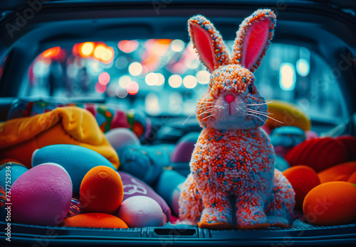 Playful car scene with toys, illustrating a whimsical and imaginative approach to travel and transportation in a vibrant setting
