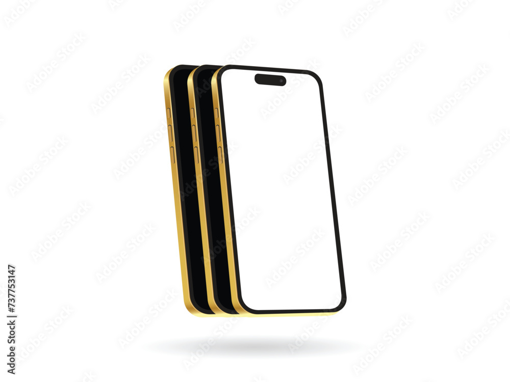Gold Iphone 15 and Iphone 15 Pro Max. Realistic mockup of the
