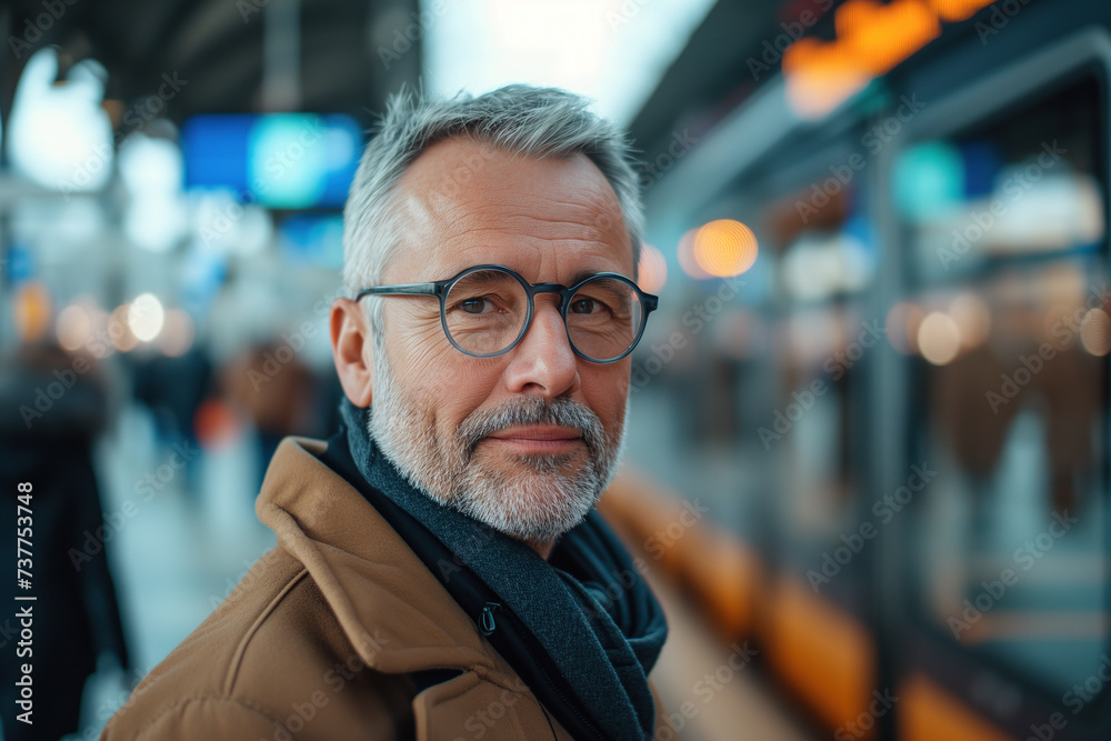 Portrait of a handsome middle-aged man well dressed businessman wearing glasses stands on a train platform getting ready for a trip or daily commute to work Portrait of a handsome middle-aged man well dressed businessman wearing glasses stands on a train platform getting ready for a trip or daily commute to work
