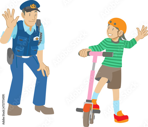 警察官に挨拶するキックスケーターに乗った少女のイラスト
