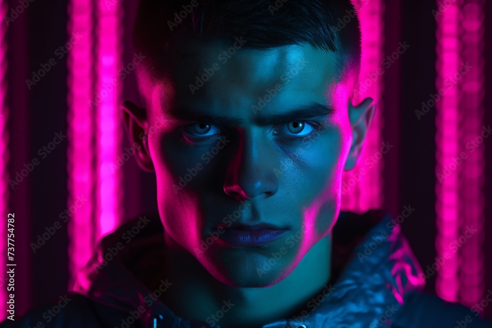 Intense Young Man with a Piercing Gaze in Pink Neon