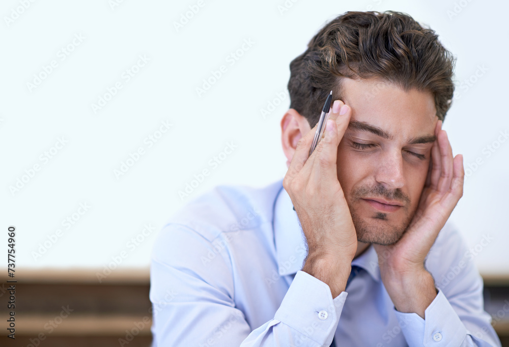 Headache, pain and business man with stress, burnout and anxiety for overwork in office. Migraine, depression and professional massage temple with fatigue, sick and agent frustrated with challenge Headache, pain and business man with stress, burnout and anxiety for overwork in office. Migraine, depression and professional massage temple with fatigue, sick and agent frustrated with challenge