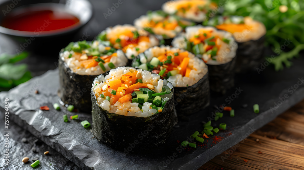 row of Vegetable Sushi Rolls, food photography row of Vegetable Sushi Rolls, food photography