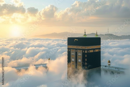 Kaaba, its black cloth embroidered with gold thread. The clouds above are illuminated by a golden light photo