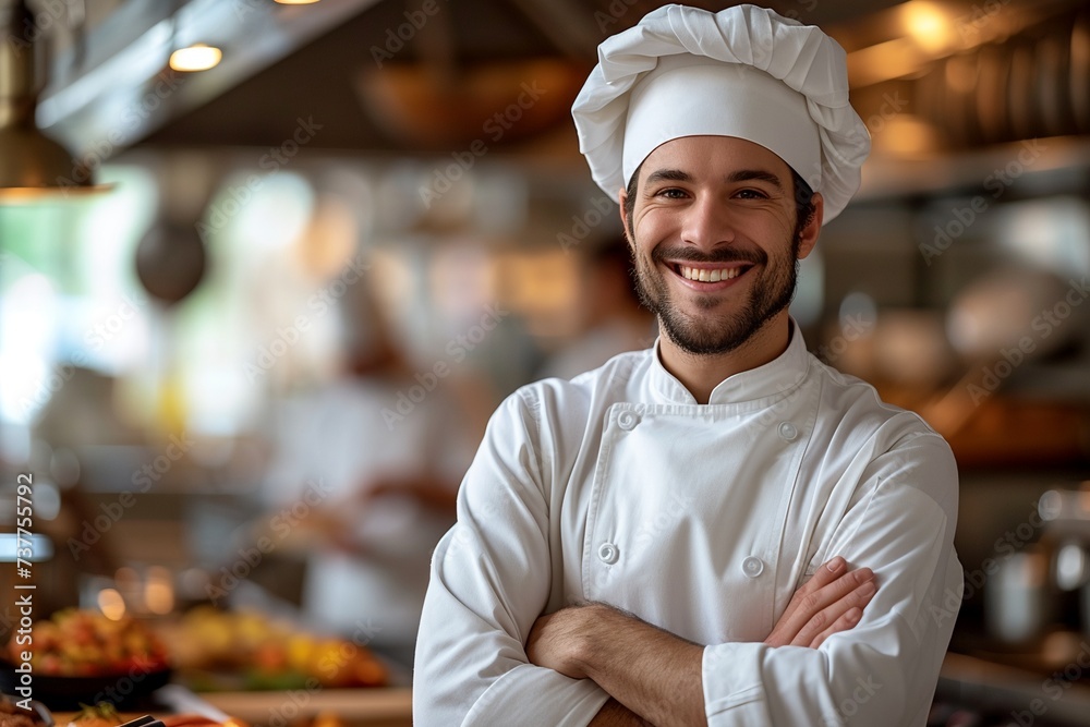 a cheerful, experienced chef with a white hat and apron standing proudly
