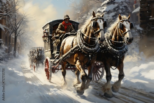 a horse drawn carriage is driving down a snowy street