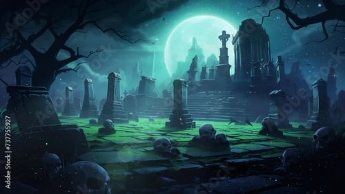 gothic cemetery at night with each gravestone emitting an eerie glow. seamless looping overlay 4k virtual video animation background  photo