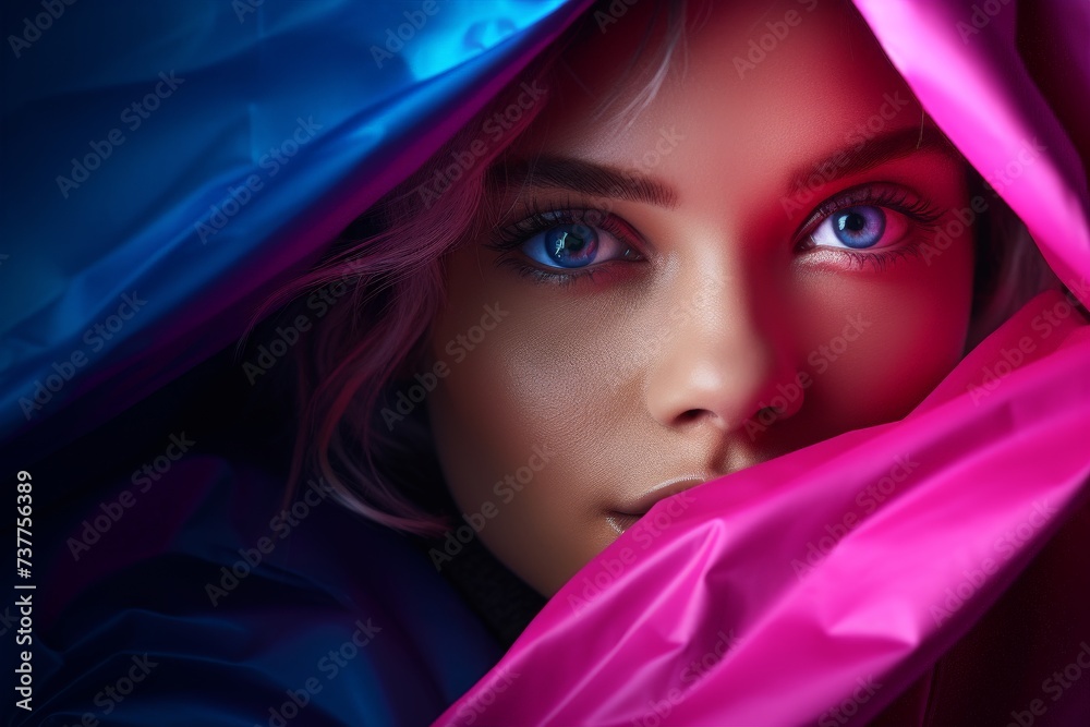 Mysterious Lady with Striking Blue Eyes in Pink Veil