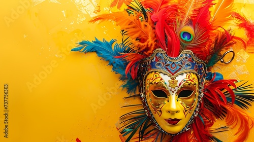 Festive, colorful mardi gras or carnivale mask and accessories over yellow background. Party invitation, greeting card, venetian carnivale celebration concept. Flat lay, top view, copy space © asma
