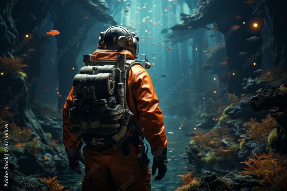 An organism in an orange suit explores an underwater cave in a video game