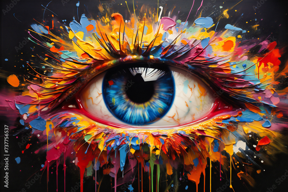 Creative close-up of a womans eye with colorful makeup art, blending beauty, fashion, and abstract design elements
