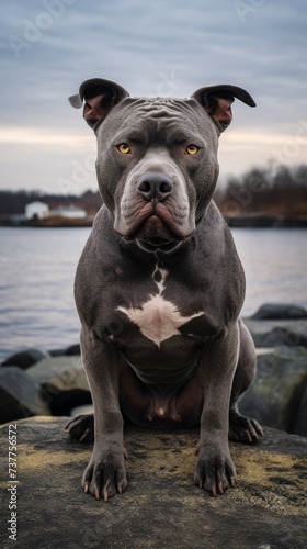 Dog Sitting on Rock by Water © RajaSheheryar