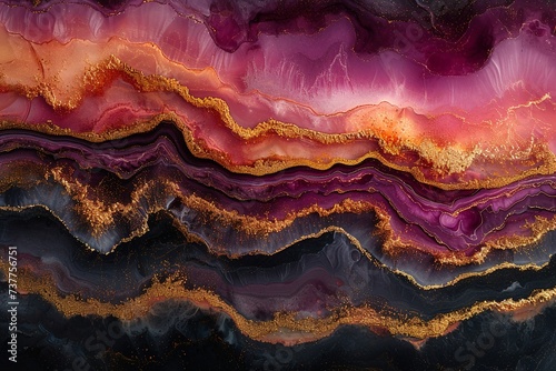 a fluid art piece that captures a swirling mix of magenta and gold