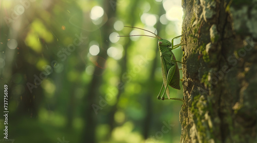 Forest Encounter: Green Grasshopper Close-Up. Generative AI © Sascha