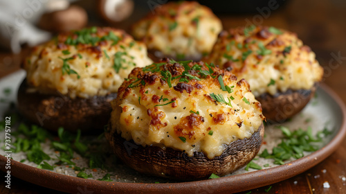 Stuffed Mushrooms on wooden tray, Food Photography