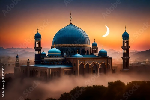 mosque at sunset ,Mosque sunset sky, moon, holy night, islamic night and silhouette mosque, panaromic islamic wallpaper photo