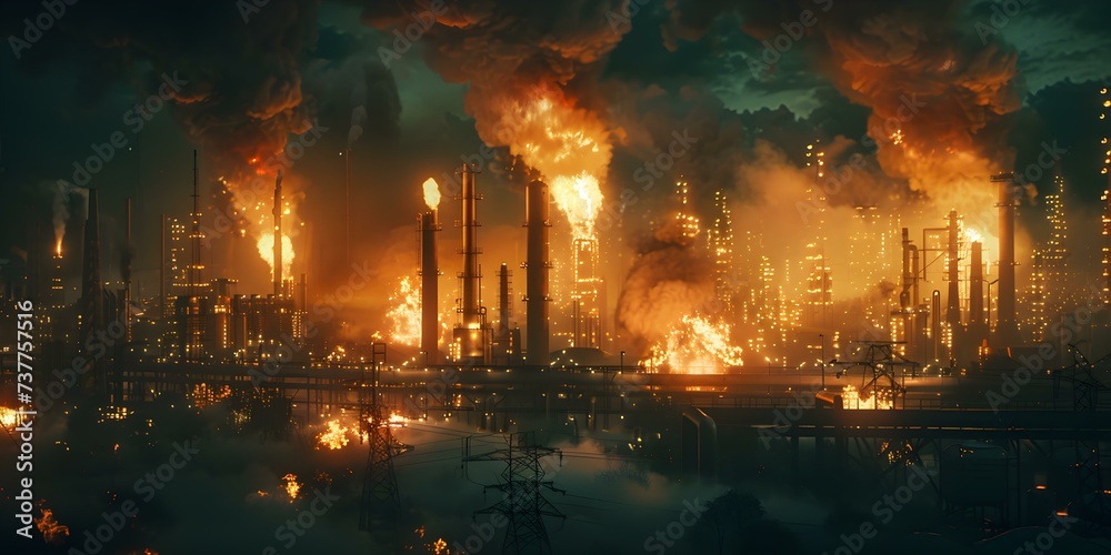 Industrial fire at oil refinery factory emitting dark smoke Emergency and danger. Concept Car accident on highway causing traffic jam, Delicate flower arrangement for a wedding Industrial fire at oil refinery factory emitting dark smoke Emergency and danger. Concept Car accident on highway causing traffic jam, Delicate flower arrangement for a wedding