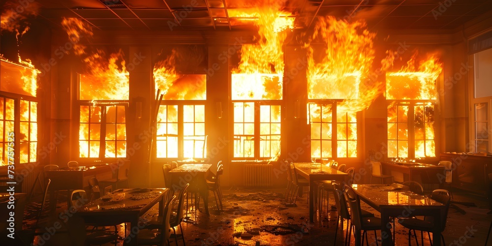 Fire rages through a multi-windowed room in a fierce blaze. Concept House Fire, Fierce Blaze, Multi-windowed Room, Fire Emergency, Dangerous Flames - obrazy, fototapety, plakaty 